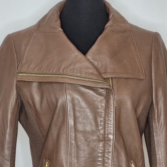 Tahari Women's Brown Lambskin Leather and Knit Zip-Front Cropped Jacket - Size M - Picture 5 of 13